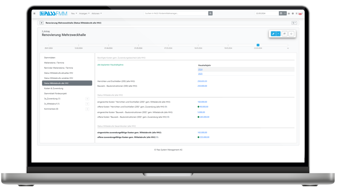 Fördermittelmanager: Status Mittelabrufe