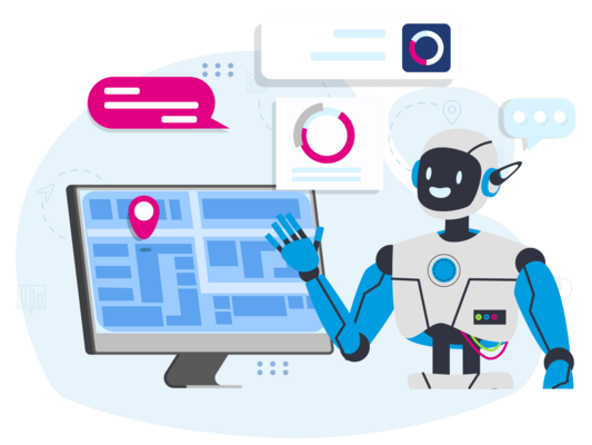 Illustration of a robot standing in front of a desktop displaying a map, representing an AI algorithm and intelligent route optimization.