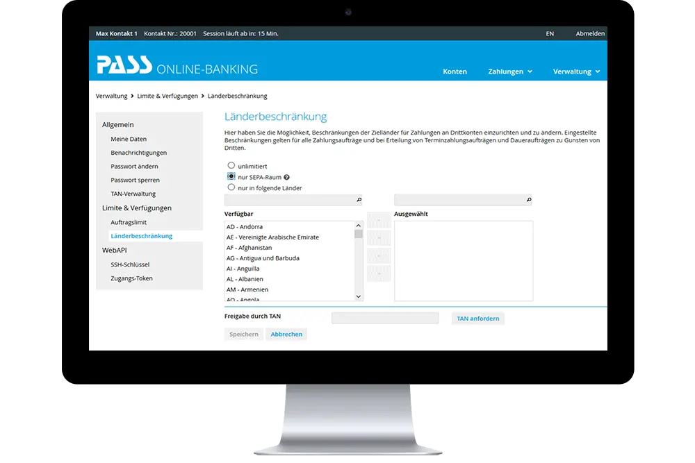 Bankkunden-Login: Verwaltung – Länderbeschränkungen