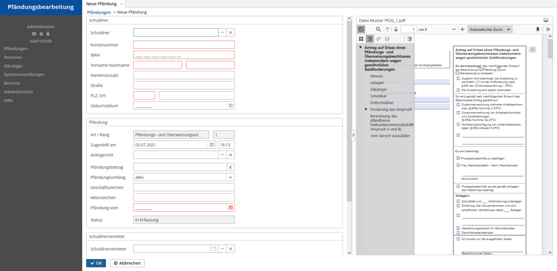 Pfändungsbearbeitung Software: Eingabemaske