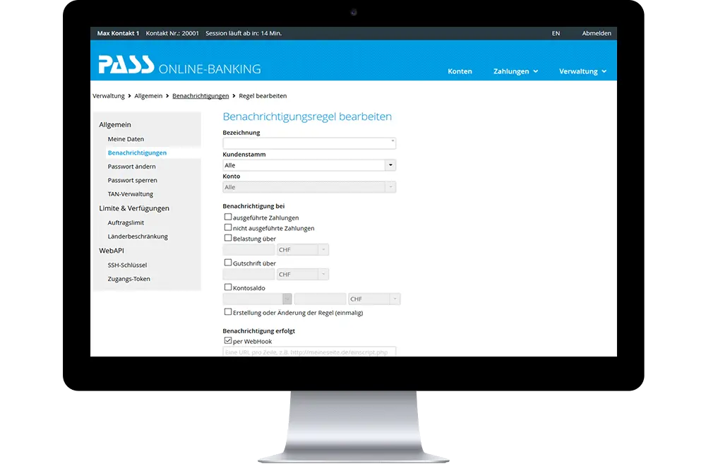 Bankkunden-Login: Verwaltung – Benachrichtigungsregeln