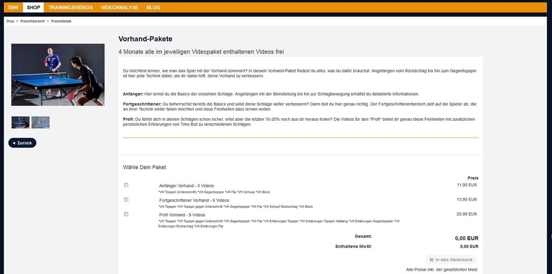 Shop Software product detail view Timo Boll Skin