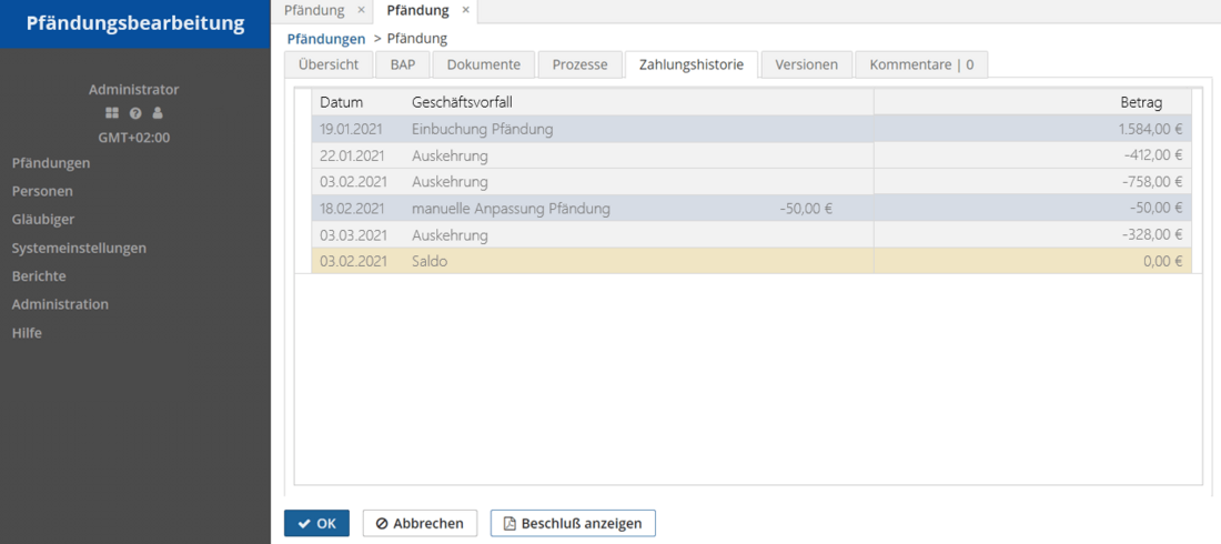 Pfändungsbearbeitung Software: Kontoauszug