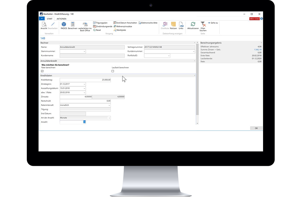 Screenshot Krediterfassung Kredit-Produktkonfigurator