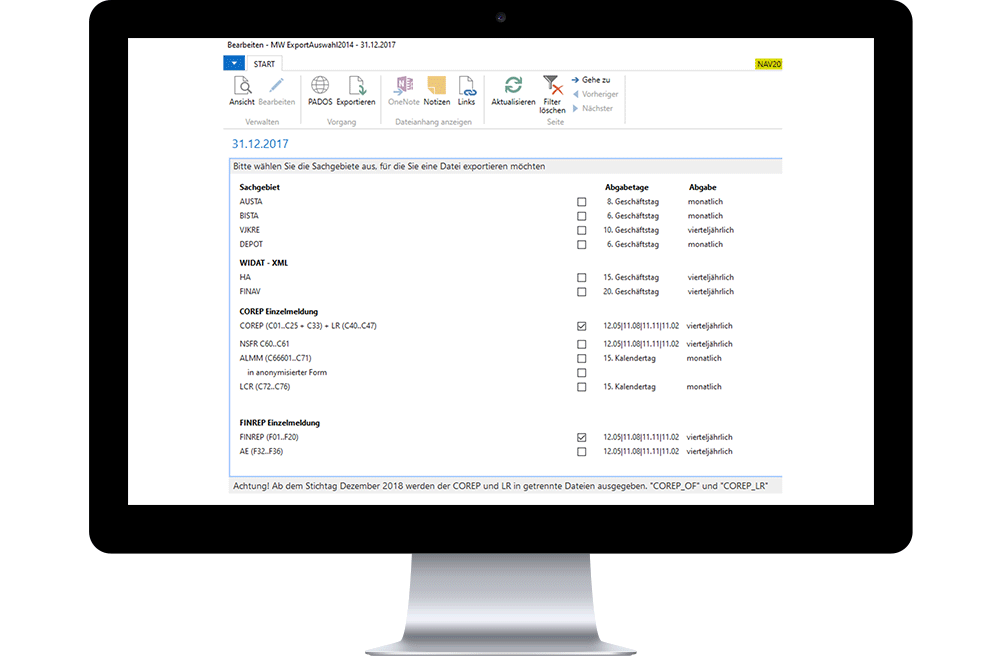 Screenshot Meldewesen Software COREP-Meldung Export