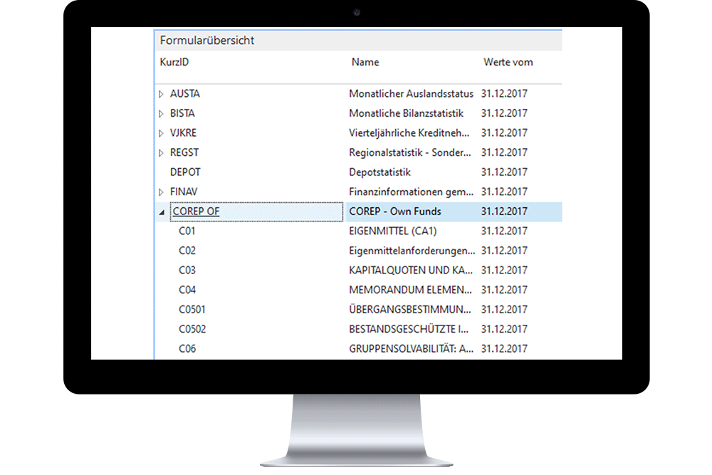 Screenshot Meldewesen Software COREP-Meldung Formularuebersicht