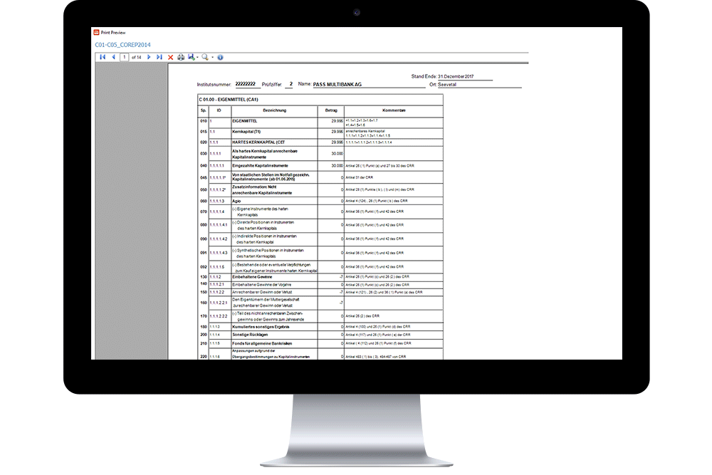 Screenshot regulatory reporting software COREP message reports printed 