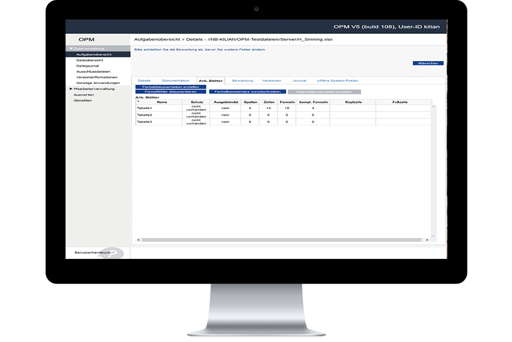 Screenshot Office Process Manager: Aufgabenübersicht Details Arbeitsblätter