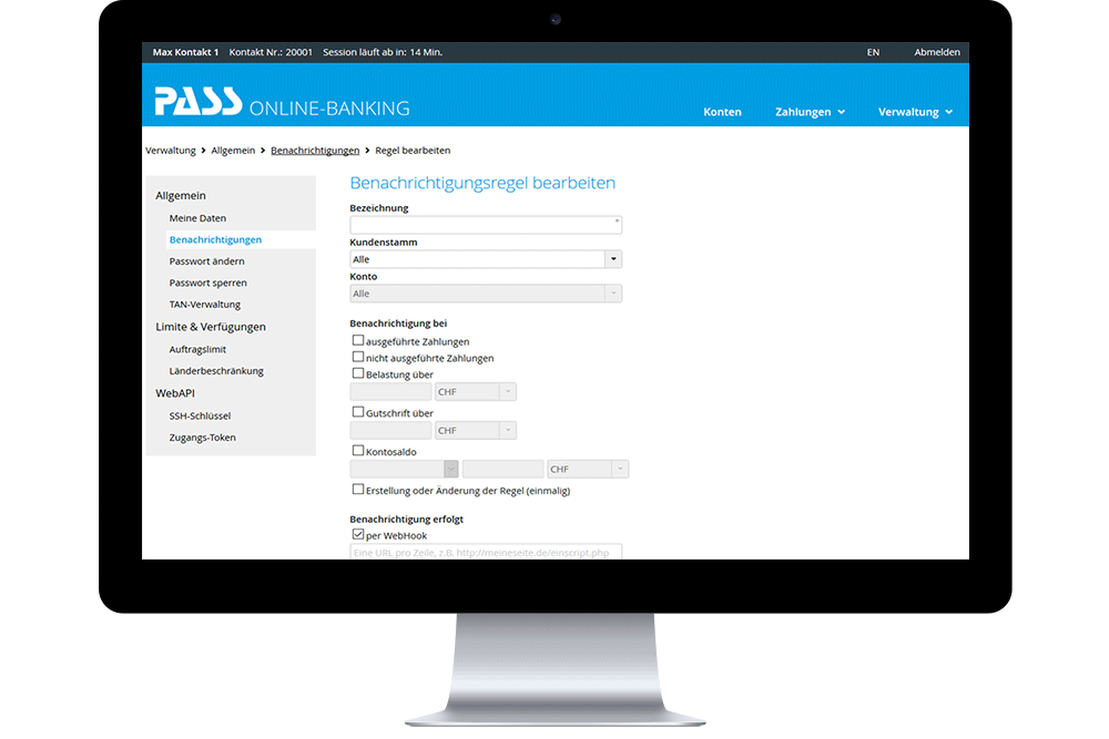 Screenshot Online Banking Solution: notification rules