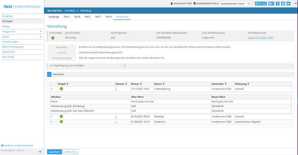 Fördermittelverwaltung Software: Versionierung
