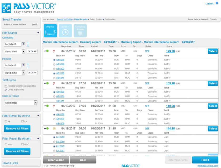 Online Booking Tool: Flight results – by price