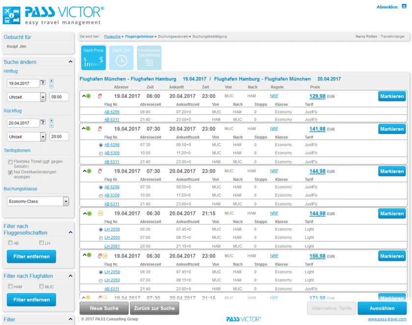 Travel Management System: Flugergebnisse – Sortierung nach Preis