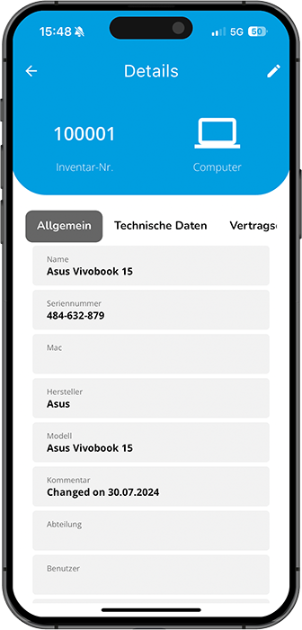 PASS System Inventory App Home-Bildschirm