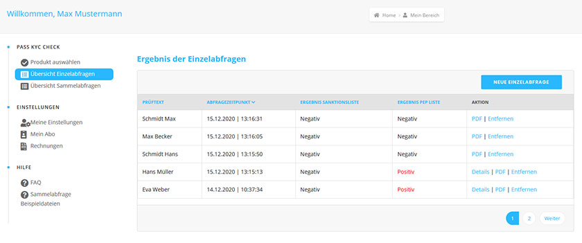 KYC Check Ergebnisse